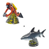Enfeite Para Aquário - Kit Tubarão E Mergulhador Oxigenador 