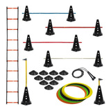Escada De Agilidade + 10 Pratos Funcionais + 10 Cones C/ 5 Barreiras + Argolas Com Bolsa + 1 Corda De Pular