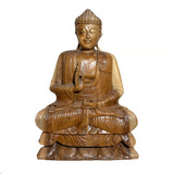 Escultura Buda Meditação Madeira Natural Entalhada 50cm