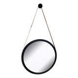 Espelho Redondo Decorativo Adnet Escandinavo 45cm + Suporte Cor Da Moldura Preto | Alça Marrom