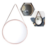 Espelho Redondo Decorativo Suspenso Alça De Couro 30cm Luxo