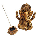 Estátua Deus Ganesha + Incensário Flor De Lótus Sorte Resina