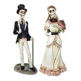 Estatueta Noivo E Noiva Cadáver Casal Esqueleto Crânio Decorativo Em Resina Enfeite Hallowen 