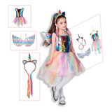 Fantasia Vestido Luxo Paete Unicórnio + Tiara + Asa Infantil
