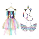 Fantasia Vestido Luxo Paete Unicórnio + Tiara + Asa Infantil