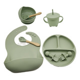 Fashion Kit 8 Introdução Alimentar Silicone Talheres De Bebê Prato Babador Cor Verde