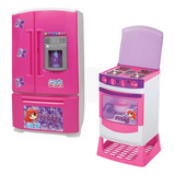 Fogão Infantil Eletrônico + Geladeira Inverse Dispenser Cor Rosa