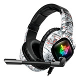 Fone De Ouvido Over-ear Gamer Sem Fio Onikuma Gamer K19 Camuflagem Branca Com Luz Rgb Led