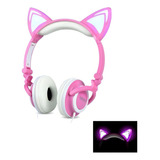Fone Ouvido Headphone Orelha De Gato Com Led P2 Hf-c22 Exbom Cor Da Luz Branca Cor Rosa/branco