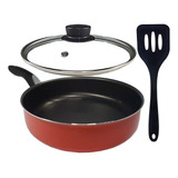 Frigideira Vermelha 22cm Antiaderente Tampa Vidro + Brinde