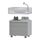 Gabinete Banheiro Rodinhas 60cm 3 Gavetas Puxador Alumínio Cor Do Móvel Branco_cinza