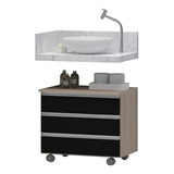 Gabinete Banheiro Rodinhas 60cm 3 Gavetas Puxador Alumínio Cor Do Móvel Madeirado_preto