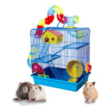 Gaiola Com Casinha E Tubo Para Hamster 3 Andares Cor Azul
