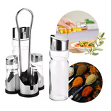 Galheteiro De Vidro E Inox 4 Peças Com Suporte Temperos