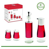 Galheteiro De Vidro Inox 4 Peças Porta Azeite Vermelho