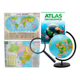Globo Inflável Terrestre + Lupa + Mapas Brasil E Mundi Atlas