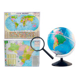 Globo Terrestre Com Led Escolar + Lupa + Mapa Mundi E Brasil