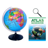 Globo Terrestre Mapa Mundi 30cm + Atlas Geográfico + Lupa