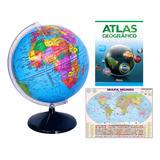 Globo Terrestre Político 30cm Diâmetro + Atlas + Mapa Mundi
