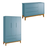 Guarda Roupa 3 Portas Cômoda Sapateira Azul Madeira