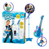 Guitarra Com Microfone E Pedestal Infantil Karaokê Som Mp3 Cor Azul Guit + Mic