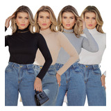 Kit 4 Blusas Feminina De Frio Manga Longa Gola Alta Elegant