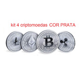  Kit 4 Moedas Física Bitcoin Ethereum Ripple Litecoin Prata