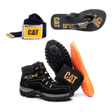 Kit Bota Caterpillar Adventure Couro Carteira Cinto Chinelo