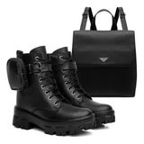  Kit Bota Coturno Feminino Tratorado Mais Bolsa Mais Bag