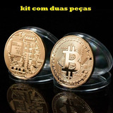 Kit Com 2 Peças Moeda Bitcoin Física - Banhada A Ouro