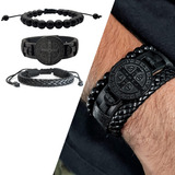  Pulseiras Masculinas Couro Kit C/03 São Bento Preto