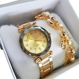Relógio Feminino Dourado Com Pulseira Presente Barato