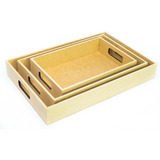  Trio De Bandejas Mdf Cru Modelo Liso Retangular Com Alça