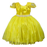  Vestido Infantil Aniversario Renda Bela E Fera Luxo Amarelo