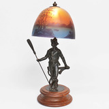 Abajur Antigo Escultura Luminaria Bronze Cupula Pasta Vidro