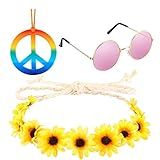 Acessório De Fantasia Hippie Óculos De Sol Hippie Dos Anos 70 Colar Com Símbolo De Paz De Arco íris Coroa De Flores Para Mulheres 3 Peças 