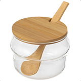 Açucareiro De Vidro Com Colher E Tampa Em Bambu Kit Com 2