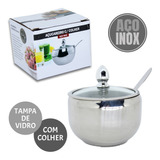 Açucareiro Em Aço Inox Com Tampa De Vidro E Colher Qualidade