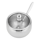 Açucareiro Luxo Em Aço Inox Com Tampa De Vidro E Colher