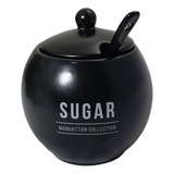 Açucareiro Porcelana Colher Tampa Manhattan Preto Mesa 350ml