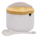Açucareiro Saleiro Condimento Porcelana Colher Tampa Bambu