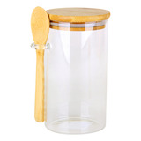 Açucareiro Saleiro De Vidro Tampa Colher Bambu Cozinha Mesa