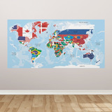 Adesivo Parede Mapa Mundi Países Com Bandeiras 120cm X 60cm