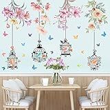 Adesivos De Parede De Desenho Animado De Videira Com Gaiola Preta Flores Coloridas Folhas Verdes Adesivos De Parede Removíveis Aquarela Borboleta Decoração Floral Para Meninas Mulheres Quarto Sala De