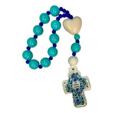 Adorno Crucifixo Dezena Terço Oração Acrílico Floral Azul