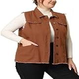 Agnes Orinda Colete Jeans Feminino Plus Size Com Botões E Bainha Desgastada E Bolso Cargo Marrom 3X