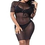 Allchic Vestido Feminino Sexy De Malha Transparente De Manga Curta Transparente Para Usar Em Clubes Vestido De Manga Curta Preto P