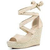 Allegra K Sandália Feminina Com Cadarço Espadrilles Wedges Bege 9