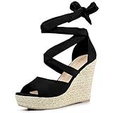 Allegra K Sandália Feminina Com Cadarço Espadrilles Wedges Preto 10