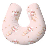 Almofada Estampada Para Amamentar Malha Premium Cor Branco Amamentação Ursinho Com Balão Rosa Aquarela